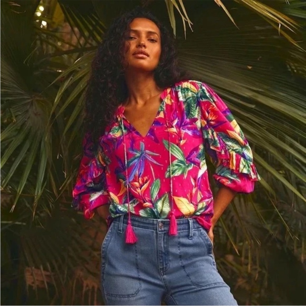 Chico's Tropical Tie-Front Blouse in Hot Pink with Green Accents